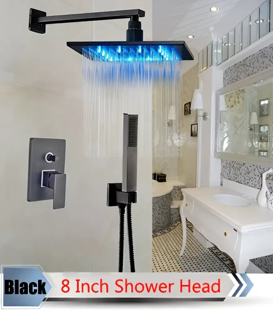 Black 8-inch square LED rainfall shower head with blue lighting in DecorBites LED rainfall shower set