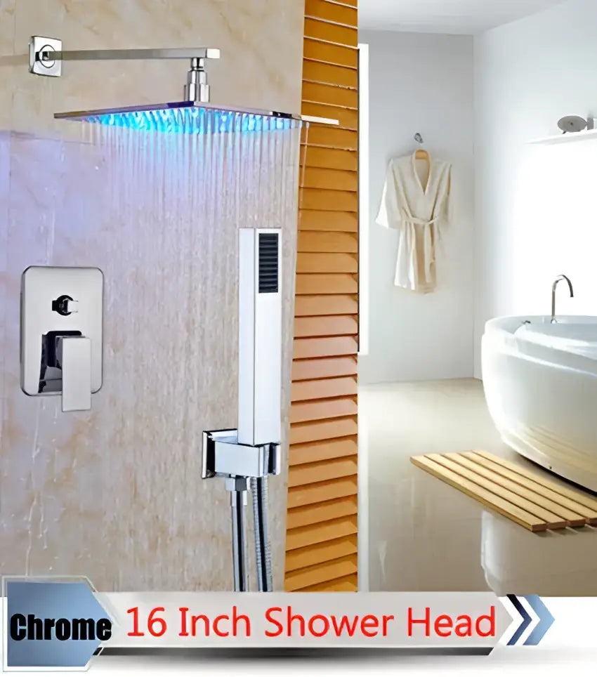 Chrome finished 16 inch square shower head with blue led lighting from DecorBites led rainfall shower set