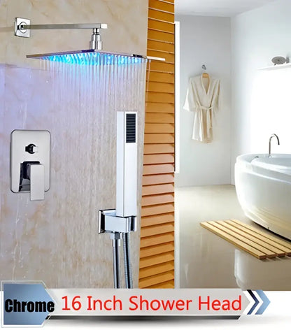 Chrome finished 16 inch square shower head with blue led lighting from DecorBites led rainfall shower set