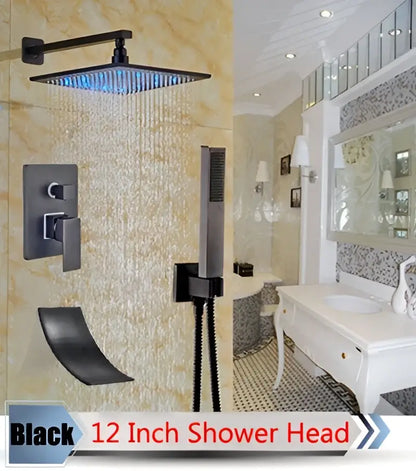 Black 12-inch square shower head with blue led lighting in decorbites led rainfall shower set for modern bathrooms