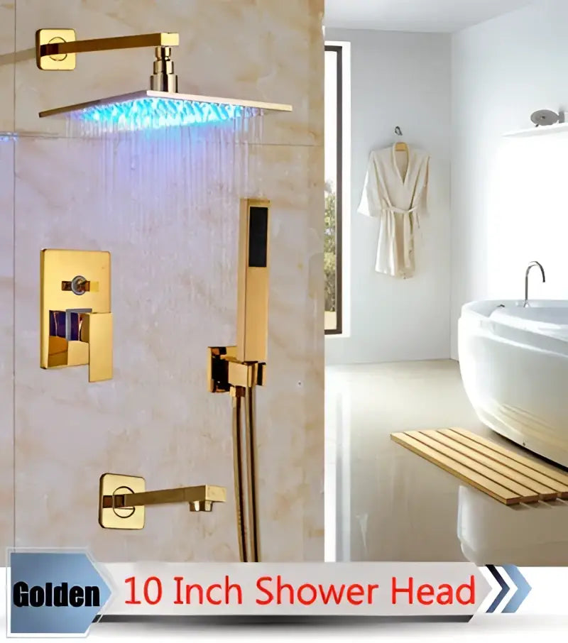 Gold-colored 10-inch decorbites led rainfall shower set shower head with sleek design and blue led lighting