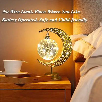 DecorBites led Ramadan table lamp featuring a crescent moon frame with warm glowing orb LED Ramadan moon light