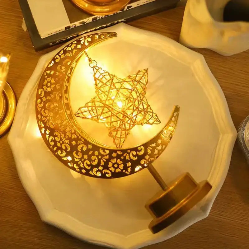 Golden crescent moon and star decorative table lamp with intricate filigree patterns by DecorBites LED Ramadan for Eid decor