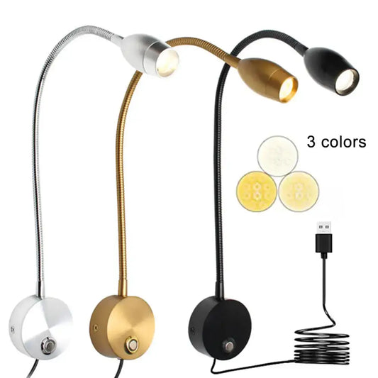 Three decorbites led reading flexible gooseneck desk lamps in silver gold and black with usb charging cables