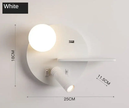 White wall lamp with spherical bulb and adjustable spotlight featuring usb port from decorbites led reading collection