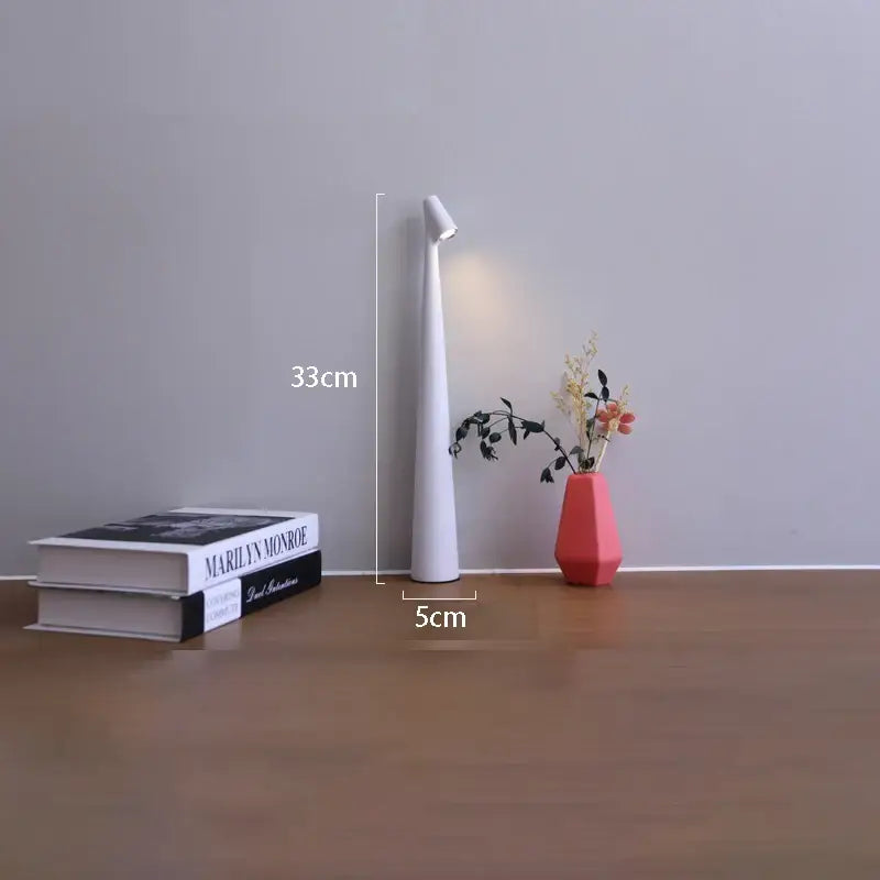 Decorbites™ sleek white 33cm led rechargeable desk lamp with slender cylindrical body and angled light head for study table lamp