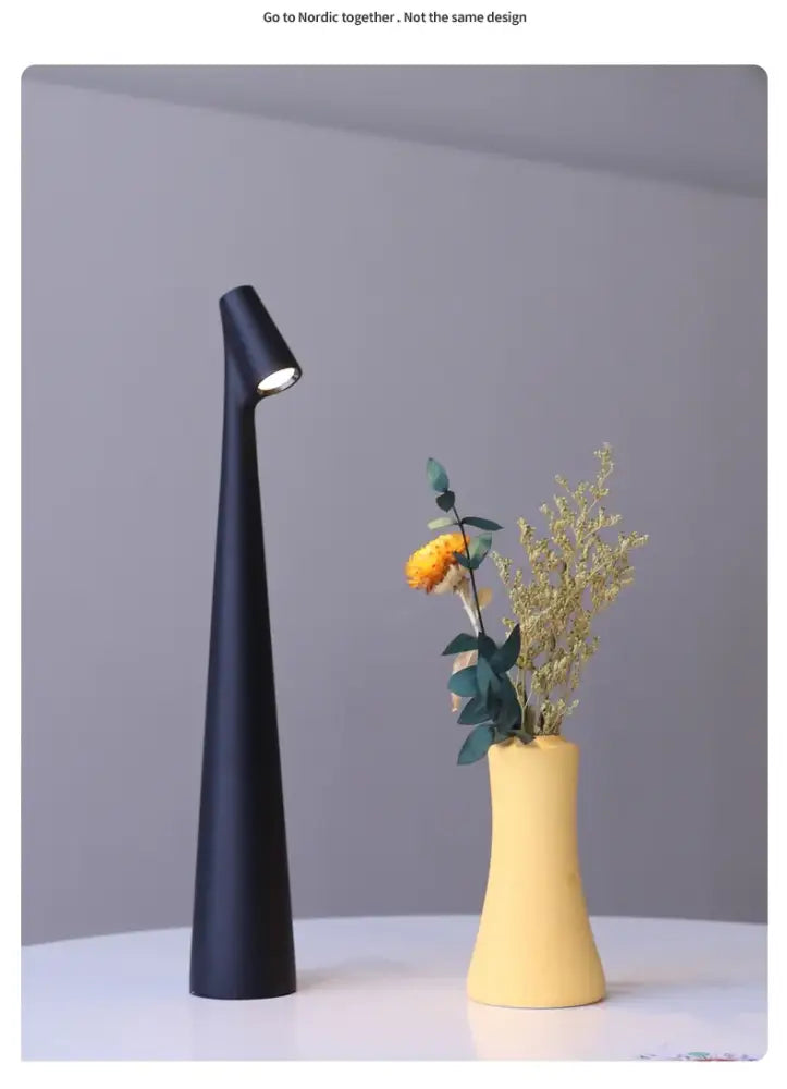Black matte minimalist table lamp with sleek elongated neck and angled head led rechargeable desk lamp by DecorBites™