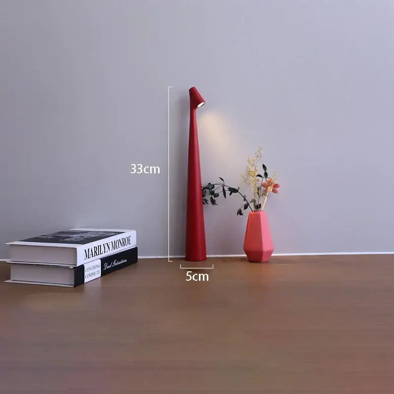 Decorbites™ sleek red 33cm rechargeable desk lamp with led light and top touch dimming for study and living room use