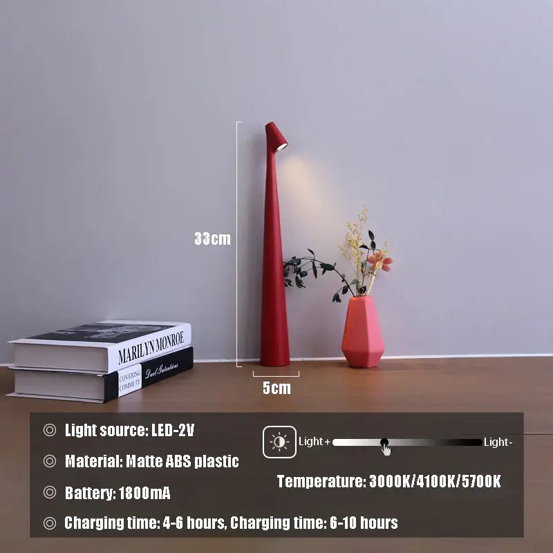 Decorbites™ sleek red led rechargeable desk lamp with matte abs plastic body and adjustable light temperature settings