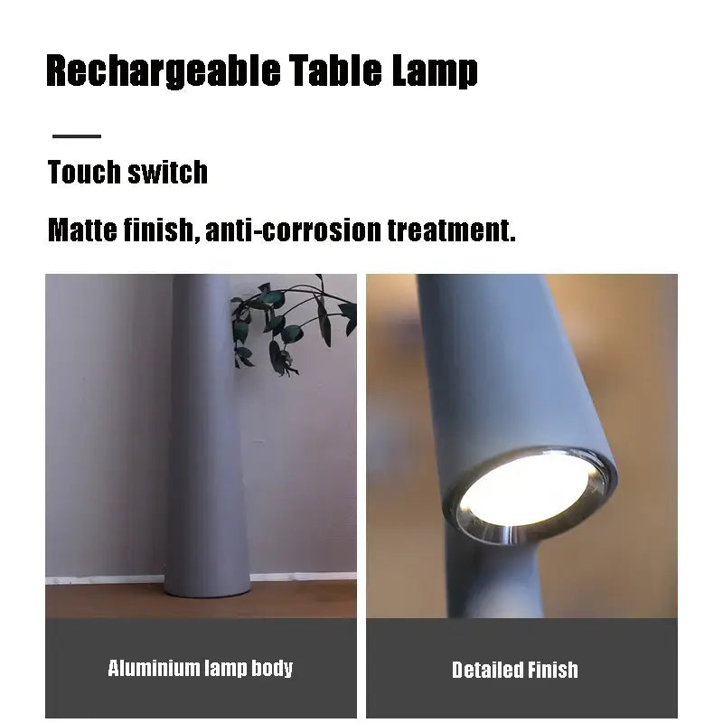 Gray matte-finished aluminum table lamp with sleek cylindrical design and touch switch rechargeable desk lamp