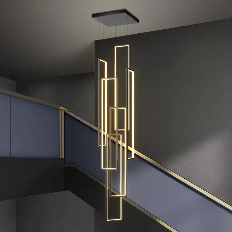Modern geometric DecorBites led rectangle pendant lighting with glowing gold LED strips for staircase or living room decor