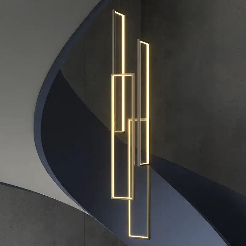 Modern geometric pendant lighting with glowing gold led strips forming overlapping frames by DecorBites led rectangle