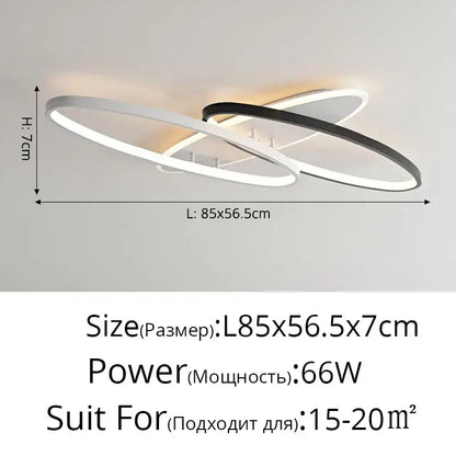 Modern minimalist decorbites led rectangular chandelier featuring interlocking black and white rings with metallic finish