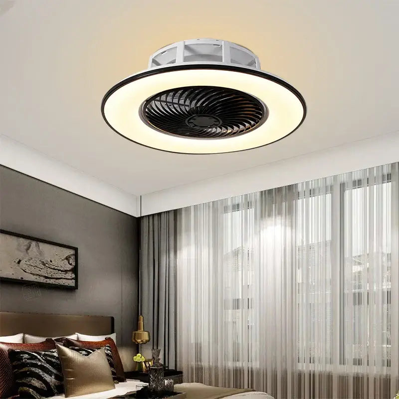 Modern white and black ceiling fan with integrated led lighting and remote control by DecorBites for bedroom and living room