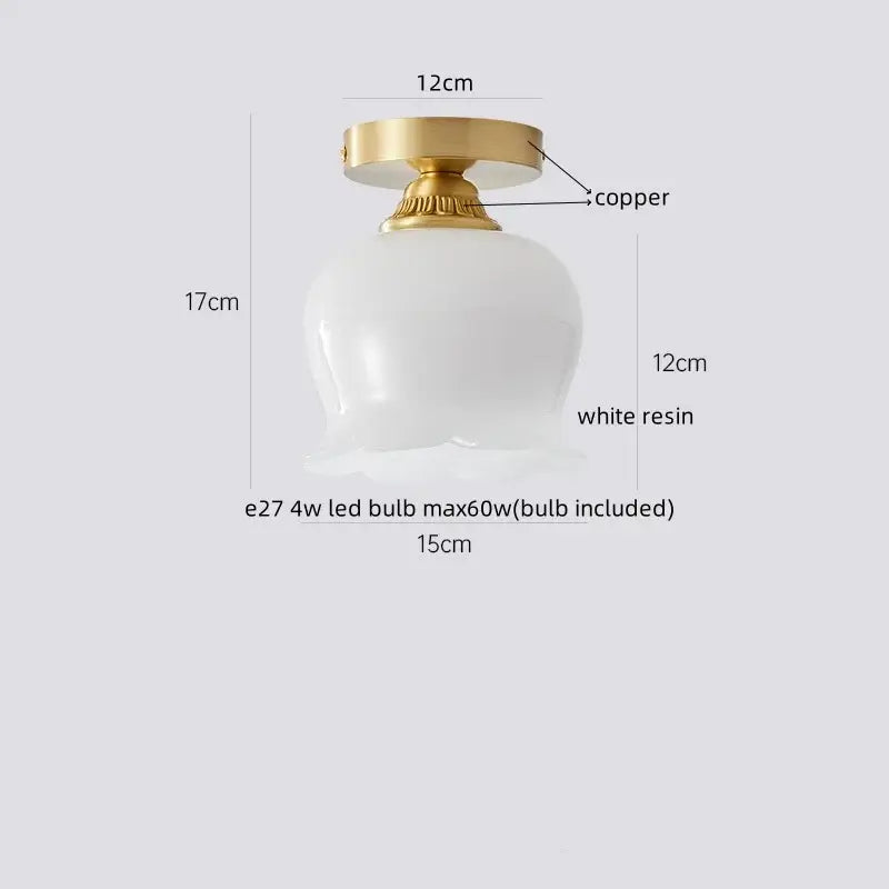 DecorBites™ led resin ceiling light fixture with a white resin shade and copper-finished mounting base for porch or living room