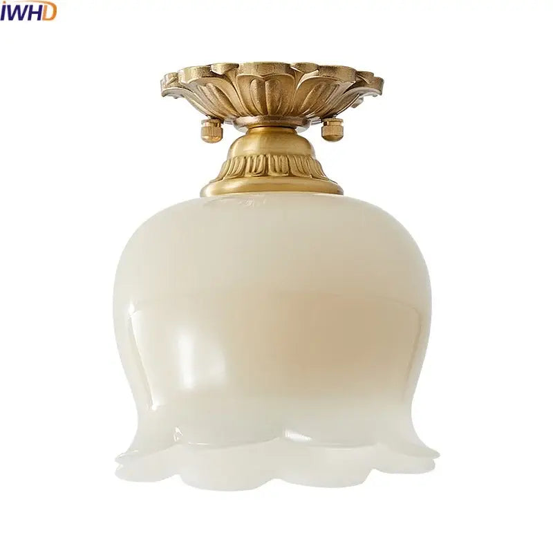 Decorbites led resin ceiling light fixture with gold-toned floral base and off-white bell-shaped glass shade for porch and living room