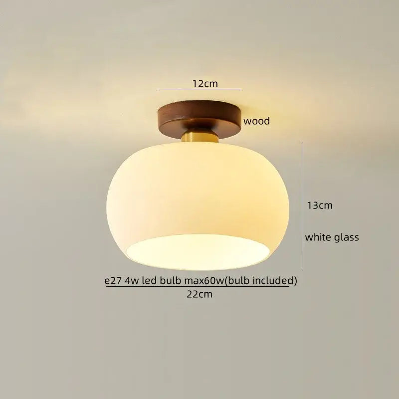DecorBites LED resin ceiling light fixture with round white glass shade and wooden base for porch and living room