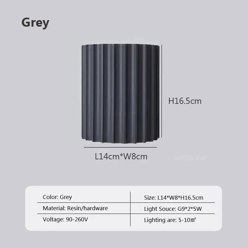 A sleek grey cylindrical decorbites led resin wall sconce with vertical ridges for minimalist entryway illumination