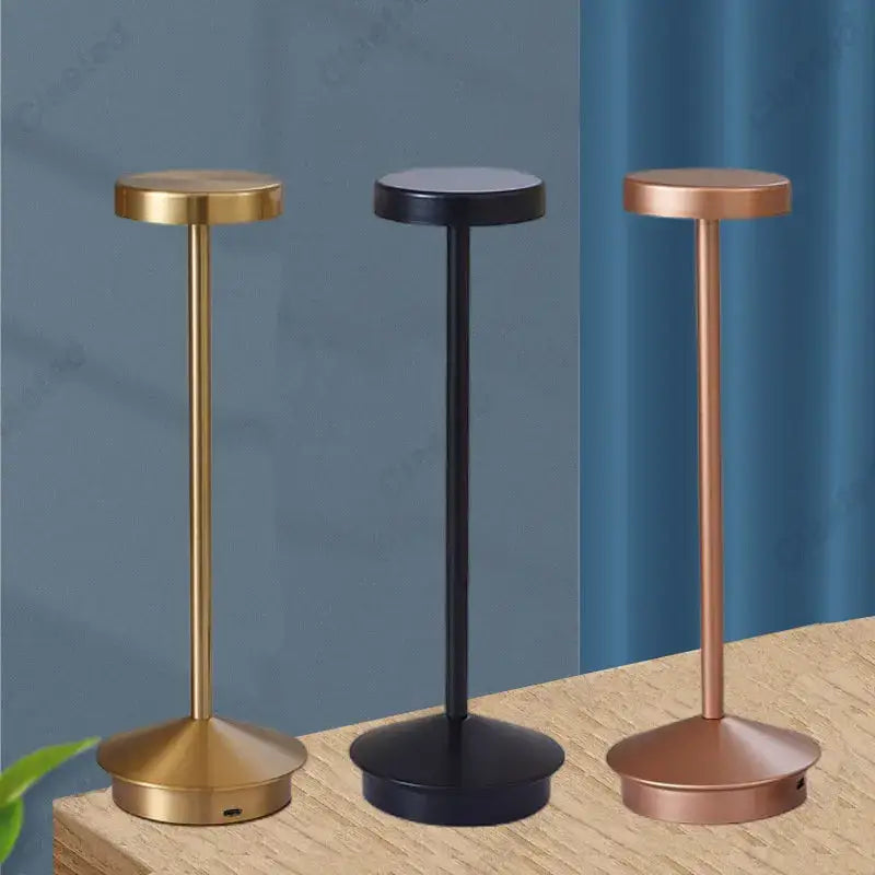 Three decorbites led retro touch sensor table lamps in gold black and rose gold with minimalist cylindrical design