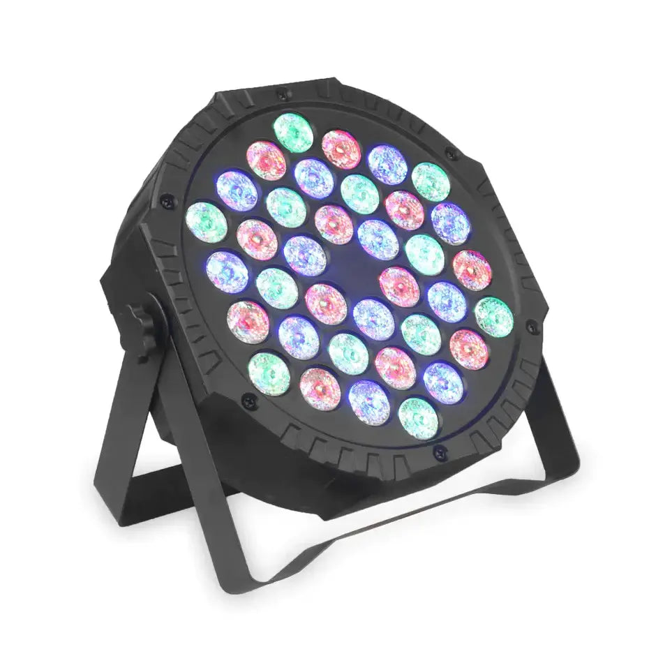 Decorbites™ led rgb dmx512 par light featuring 36 colorful rotating rgb leds in a black circular design for clubs and shows