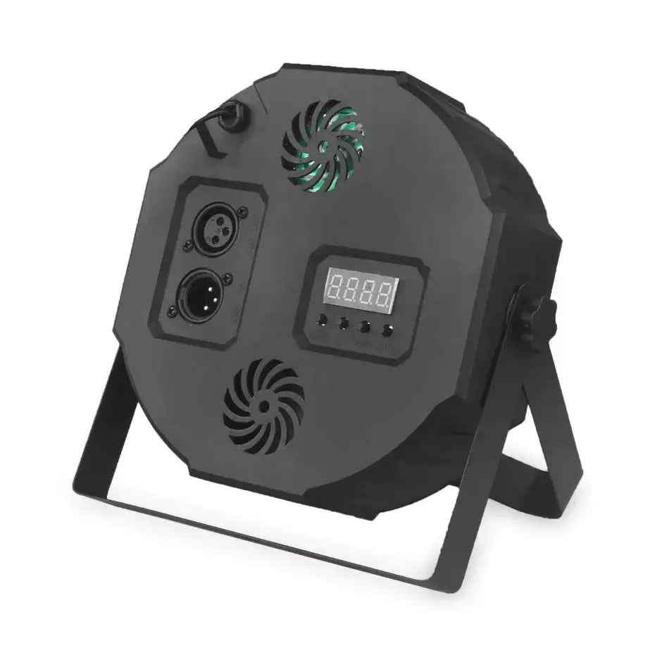 Back panel of black circular decorbites led rgb dmx512 par light with ventilation grilles digital display and xlr ports