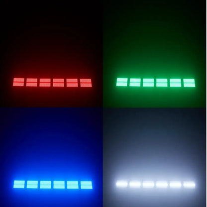 A decorbites led rgbw 4in1 rectangular strobe light bar with six illuminated red green blue and white segments for dj stage lighting