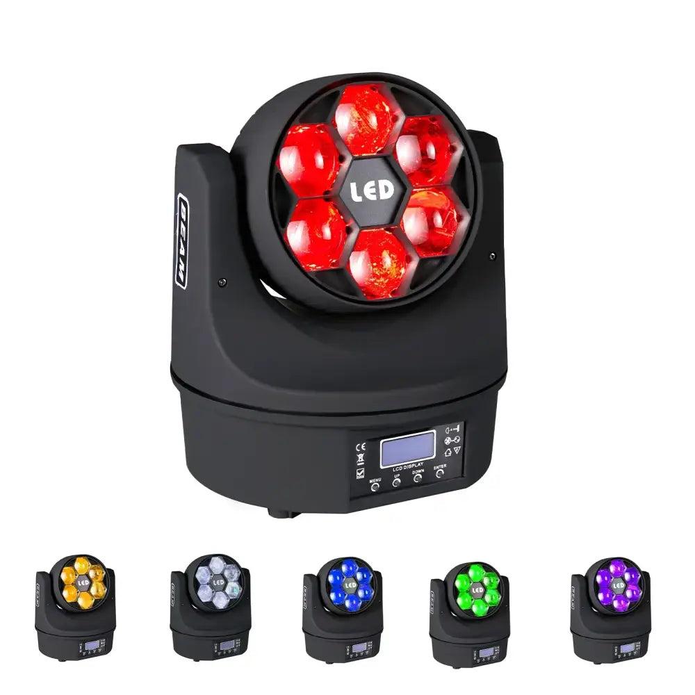 Black led moving head spotlight with six red hexagonal lenses and led label for stage lighting decorbites led rgbw six bees eyes