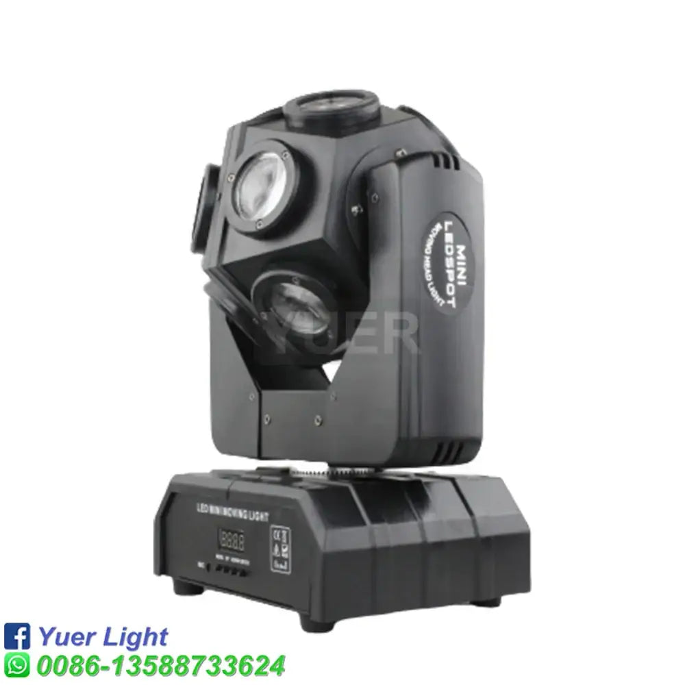 Black plastic led rgbw moving head light with two circular emitters and textured base for stage disco dj party use
