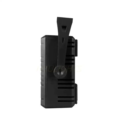 Black plastic camera battery grip with textured side panels and gear-like knob for decorbites™ led rgbw strobe wash stage lighting