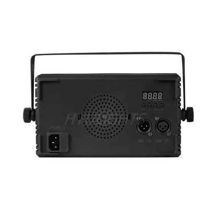 Black rectangular back panel of DecorBites™ led rgbw strobe wash bar stage lighting with digital display and audio output jacks