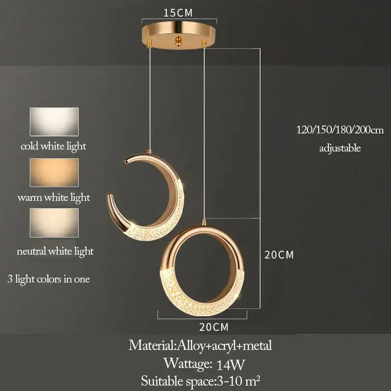 Gold-toned DecorBites™ pendant light moon lamps set with textured acrylic surfaces in modern LED ring design