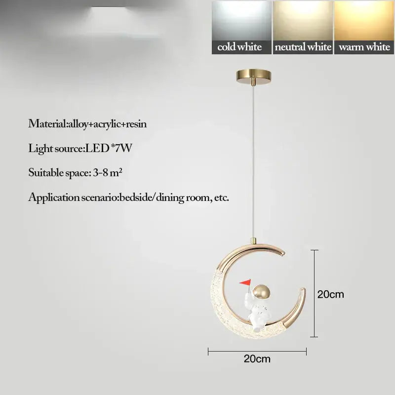 Decorbites led ring and moon lamps set modern crescent pendant light with gold alloy frame and white astronaut figurine