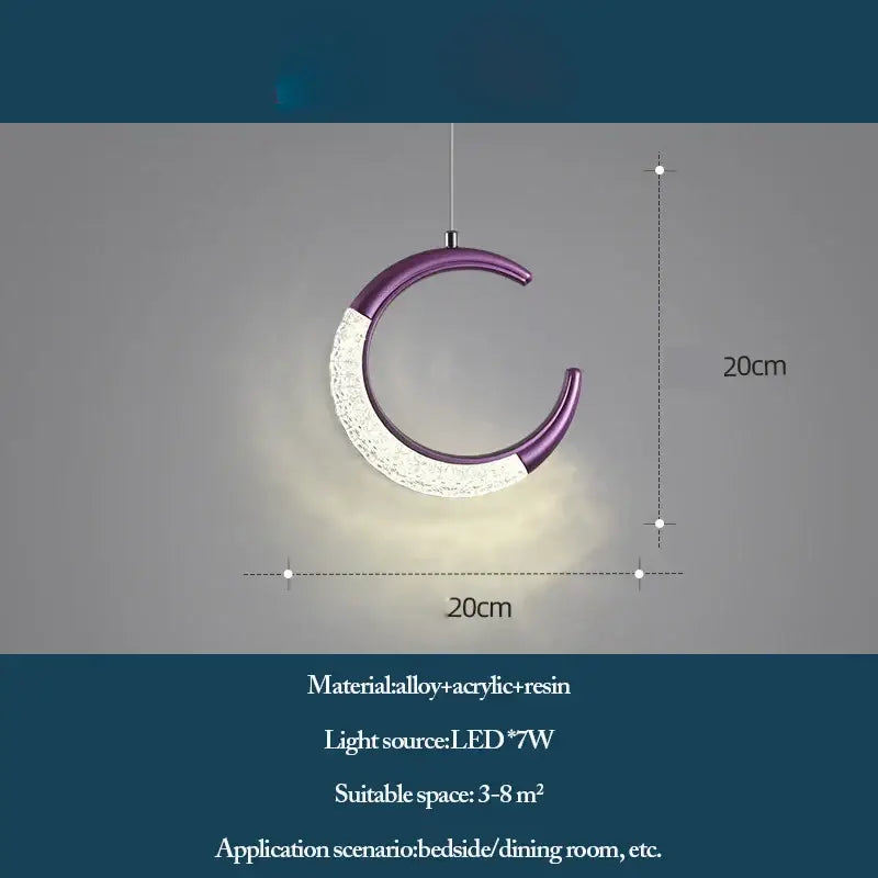 Purple and white crescent-shaped pendant light with textured acrylic and resin in DecorBites led ring and moon lamps set