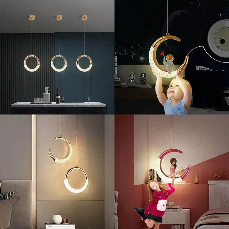 Gold-toned crescent moon pendant light with embedded LED lighting and textured sparkling acrylic and alloy finish from DecorBites™ moon lamps set