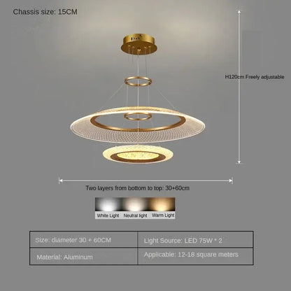 Modern gold-toned aluminum led ring ceiling chandelier with three concentric rings for living and dining rooms