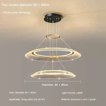 Modern two-tiered gold-toned led ring ceiling chandelier with black mount, aluminum iron acrylic for living and dining rooms