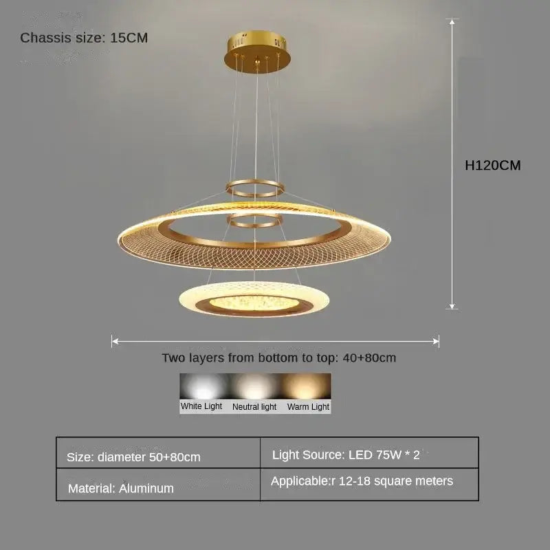 Gold-toned aluminum led ring ceiling chandelier with three concentric mesh rings and adjustable white to warm LED lighting