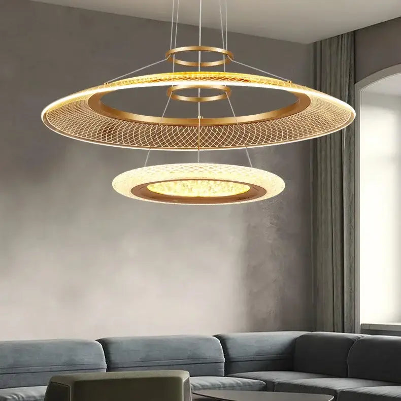 Modern gold-toned led ring ceiling chandelier with woven mesh design and layered rings for living and dining rooms