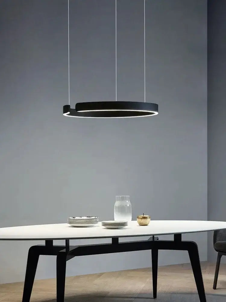 Black circular decorbites led ring chandelier with sleek minimalist design and illuminated ring for modern home decor