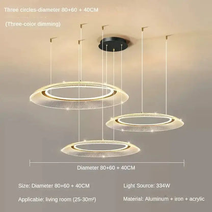 Modern decorbites™ led ring chandelier with three-tiered translucent acrylic rings and gold-toned lighting fixture accents