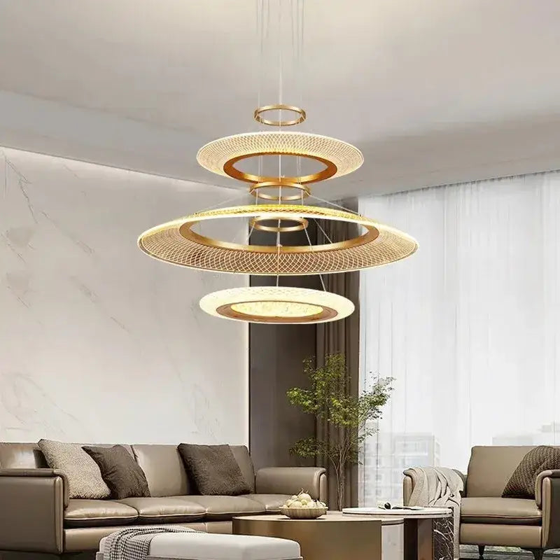 Golden decorbites™ led ring chandelier with modern circular design and woven mesh detailing lighting fixture