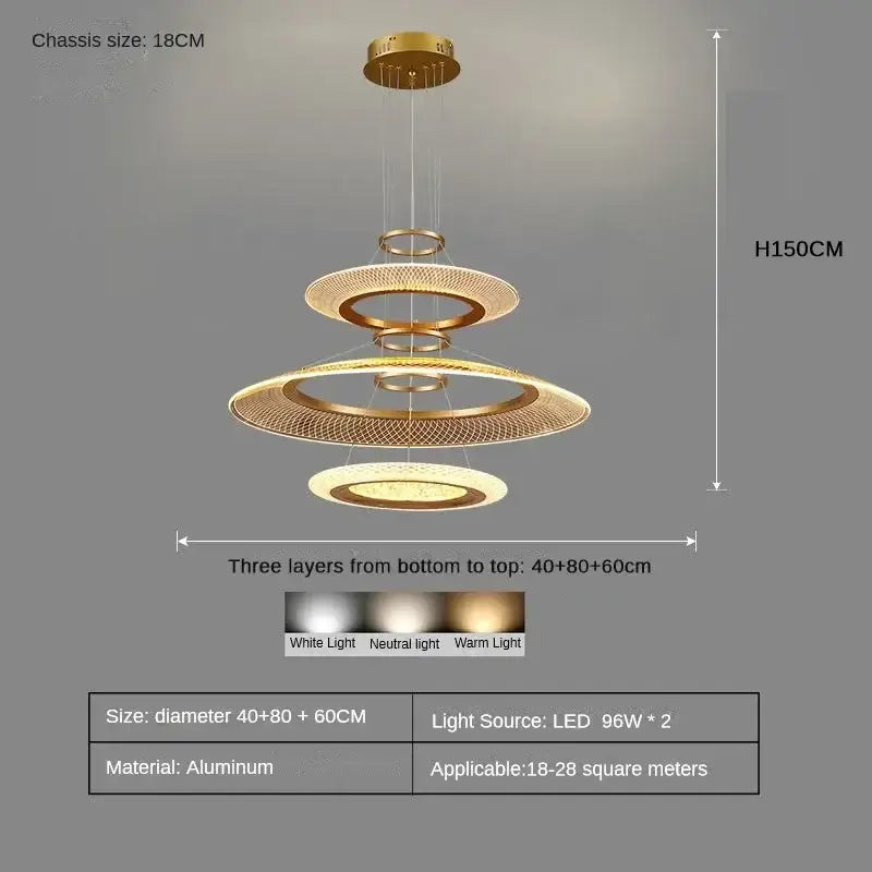Modern gold-toned aluminum led ring chandelier with three mesh circular layers illuminated by led lights lighting fixture