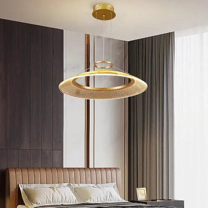 Gold-toned circular DecorBites led ring chandelier with woven mesh design and illuminated inner ring lighting fixture