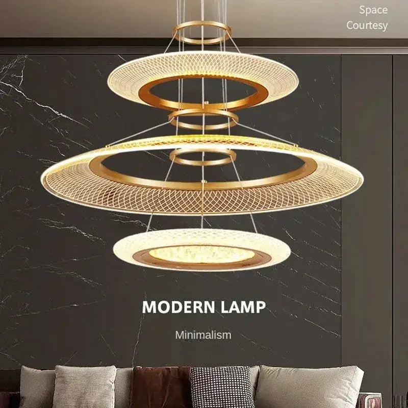 Decorbites™ led ring chandelier featuring modern layered gold and white rings with woven mesh design lighting fixture