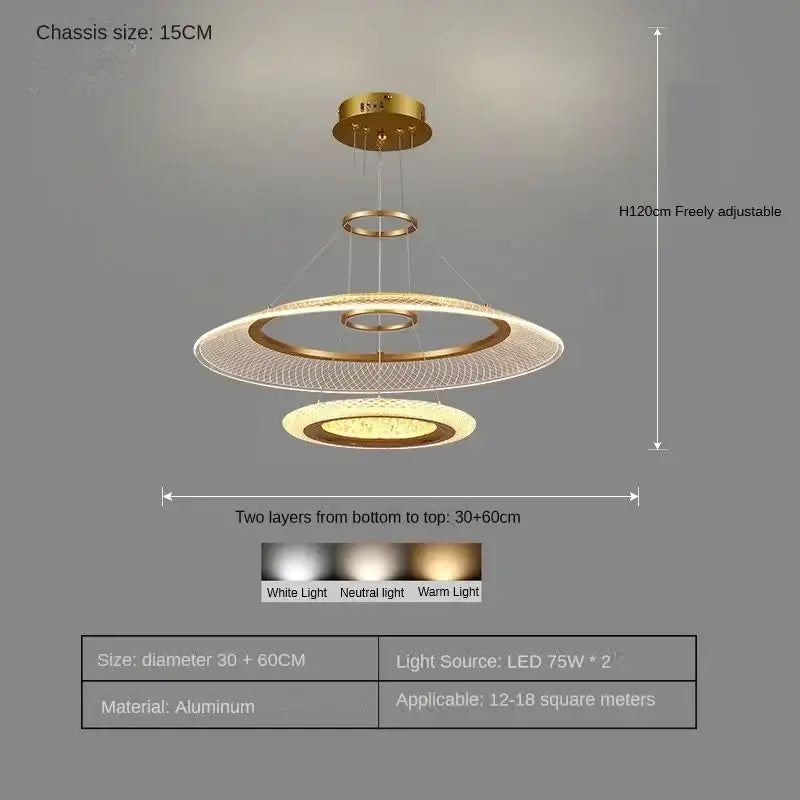Modern gold-toned aluminum led ring chandelier with three concentric circular rings for luxury living room lighting fixture