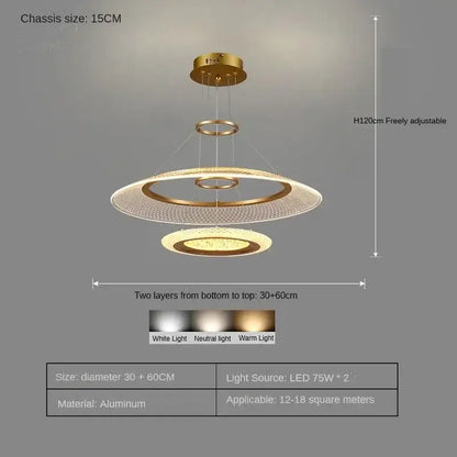 Modern gold-toned aluminum led ring chandelier with three concentric circular rings for luxury living room lighting fixture