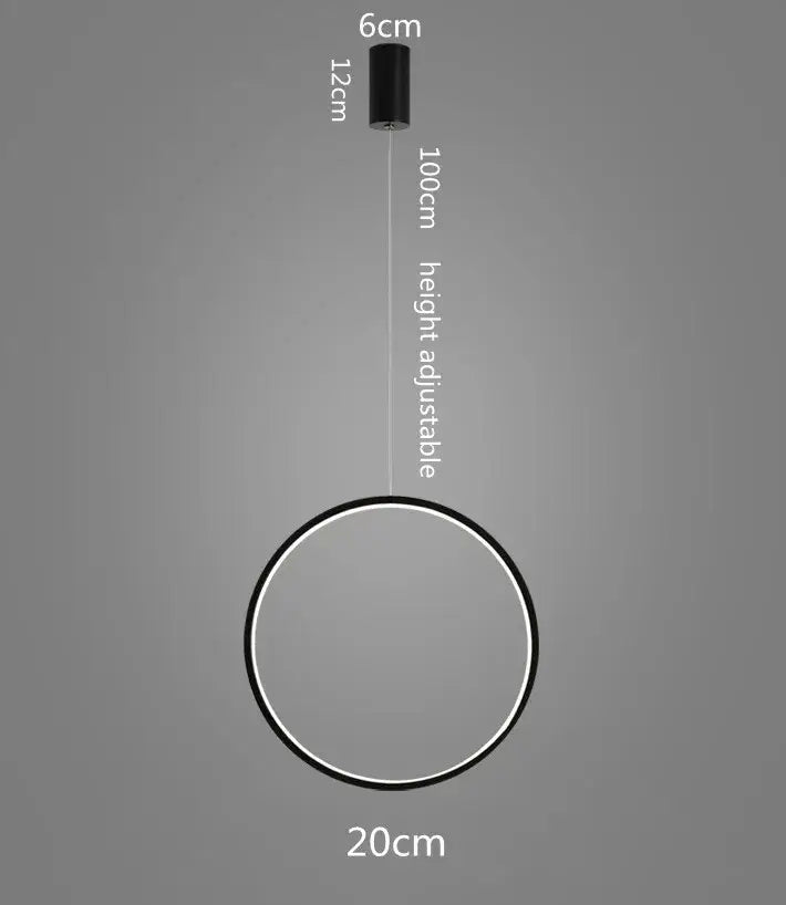 Black circular pendant light with adjustable height featuring a minimalist led ring chandelier design for living room lighting