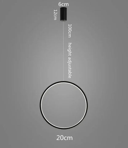 Black circular pendant light with adjustable height featuring a minimalist led ring chandelier design for living room lighting