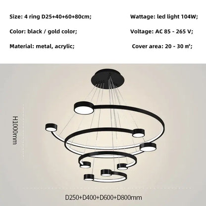 Modern black and gold led ring chandelier with sleek metal and acrylic design for dining living room and lobby lighting