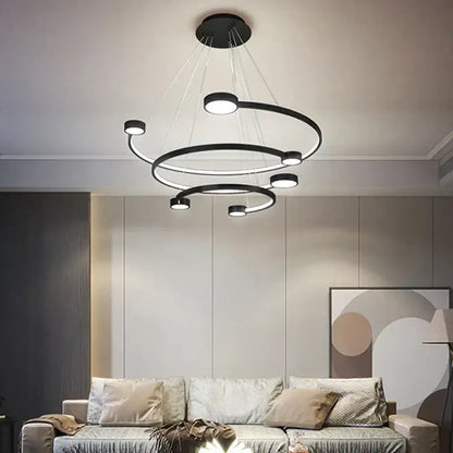 Modern black led ring chandelier with multiple concentric rings and embedded led lights for dining and living rooms